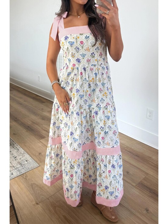 Dresses & Skirts - Women's Floral Print Maxi Dress with Pink Trim and Shoulder Ties [COPY]